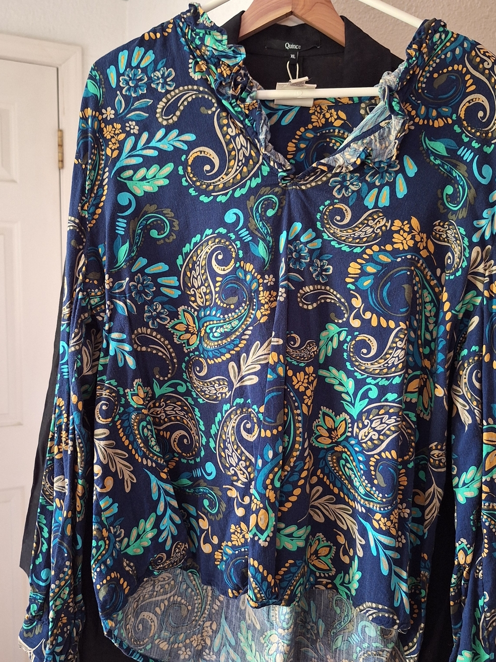 St. John's Bay Navy Paisley Long-Sleeve Top with Teal & Gold Accents